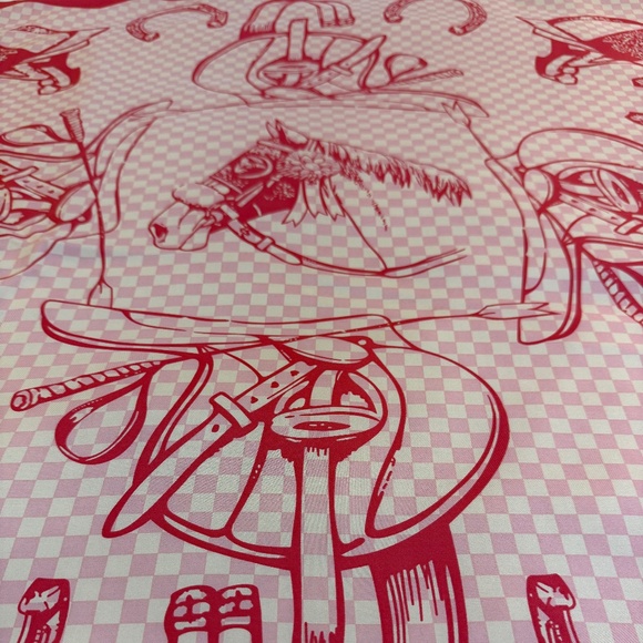 Equestrian Silk Scarf – Pink & White Check with Horse & Tack Design - Picture 9 of 10